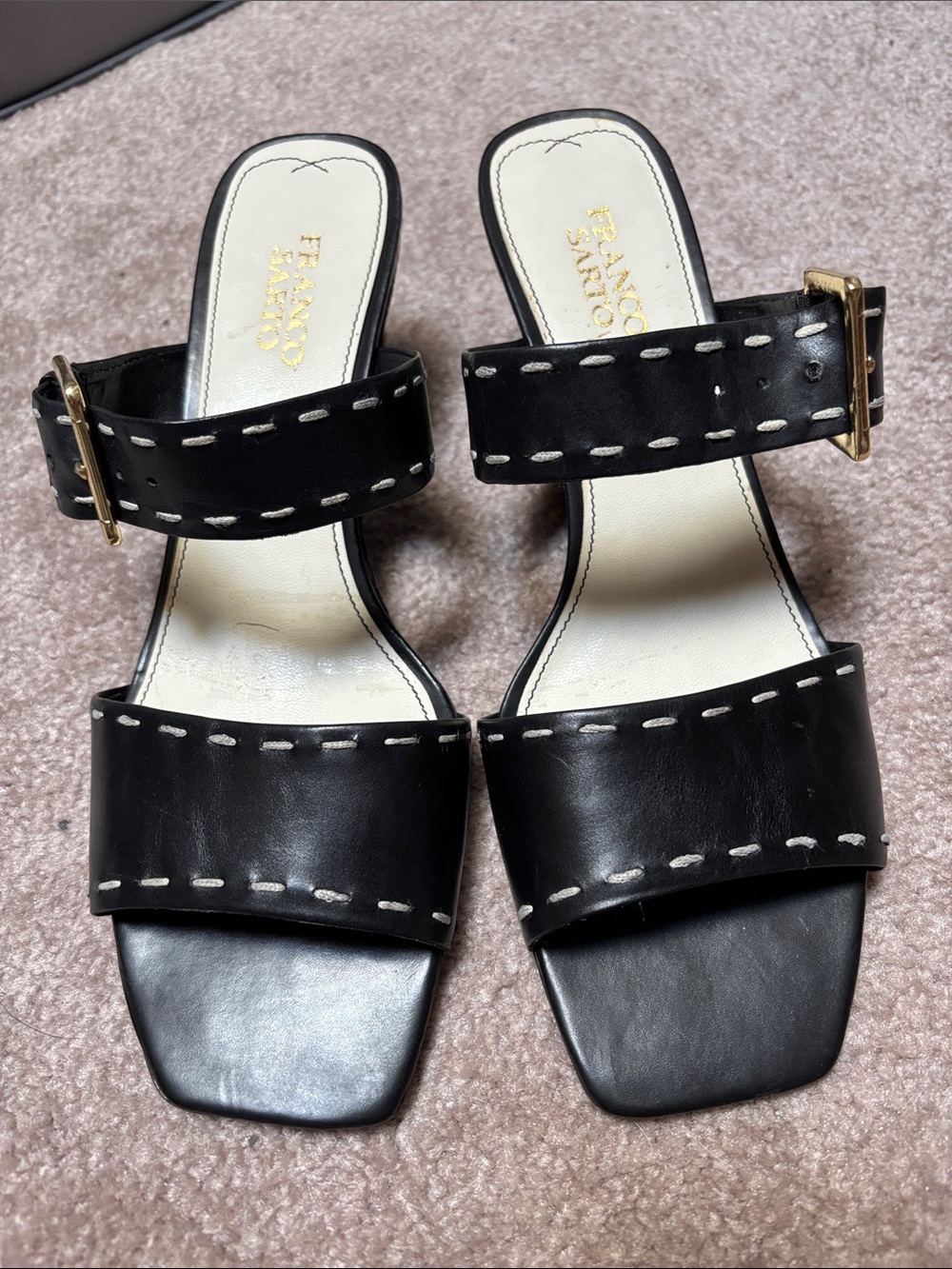Franco Sarto Black Leather Double-Strap Buckle Heels